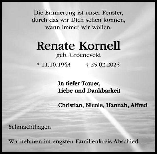 Traueranzeige von Renate Kornell von MARKT Bad Oldesloe/Reinfeld und Stormarner Tageblatt