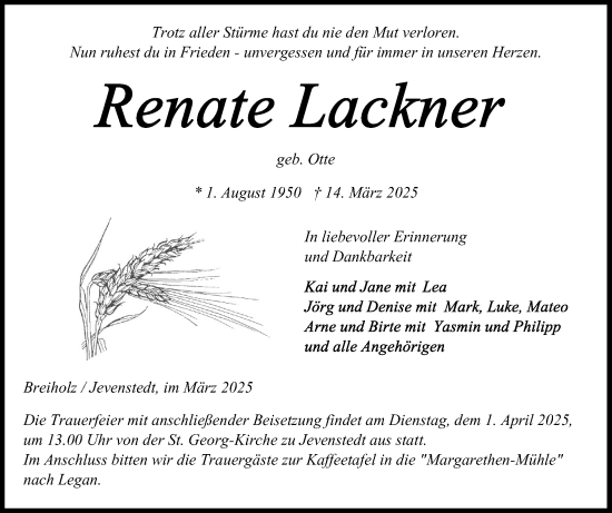 Traueranzeige von Renate Lackner von Schleswig-Holsteinische Landeszeitung