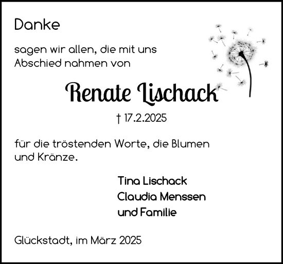 Traueranzeige von Renate Lischack von Norddeutsche Rundschau, Wilstersche Zeitung, Glückstädter Fortuna