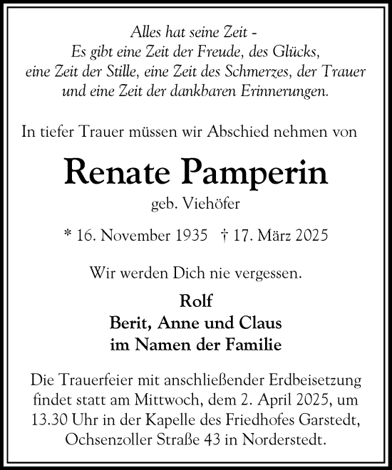 Traueranzeige von Renate Pamperin von Heimatspiegel