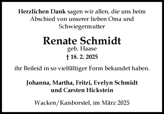 Traueranzeige von Renate Schmidt von Norddeutsche Rundschau, Wilstersche Zeitung, Glückstädter Fortuna