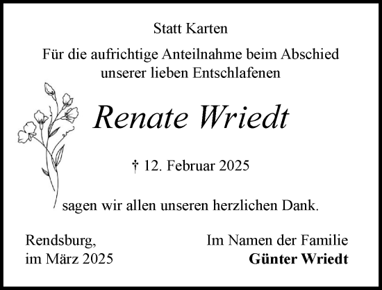 Traueranzeige von Renate Wriedt von Schleswig-Holsteinische Landeszeitung