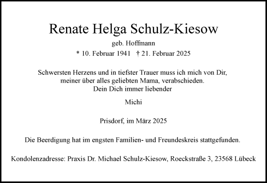 Traueranzeige von Renate Helga Schulz-Kiesow von Region Pinneberg und tip Pinneberg