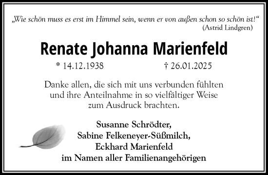 Traueranzeige von Renate Johanna Marienfeld von Umschau