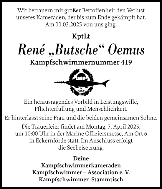 Traueranzeige von René Oemus von Eckernförder Zeitung, Hallo Eckernförde