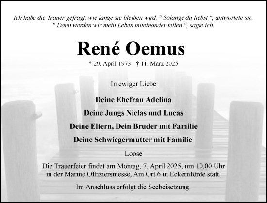 Traueranzeige von René Oemus von Eckernförder Zeitung, Hallo Eckernförde