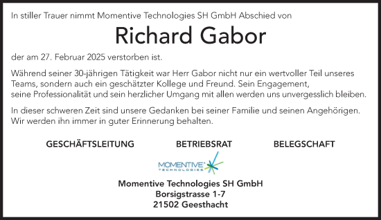 Traueranzeige von Richard Gabor von Wochenend Anzeiger
