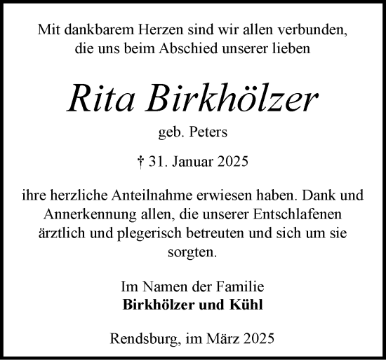 Traueranzeige von Rita Birkhölzer von Schleswig-Holsteinische Landeszeitung