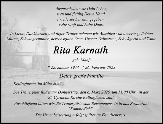 Traueranzeige von Rita Karnath von Norddeutsche Rundschau, Wilstersche Zeitung, Glückstädter Fortuna