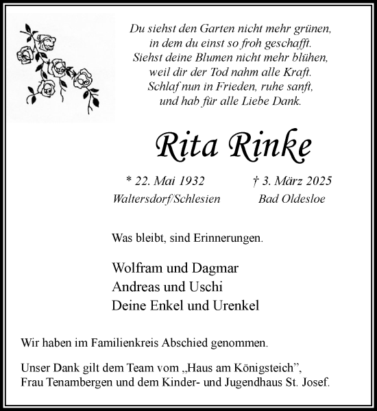 Traueranzeige von Rita Rinke von MARKT Bad Oldesloe/Reinfeld und Stormarner Tageblatt