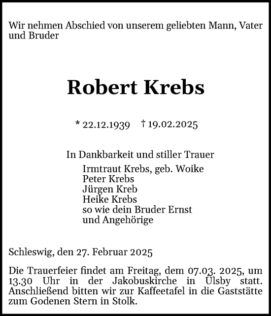 Traueranzeige von Robert Krebs von Schleswiger Nachrichten, Schlei-Bote