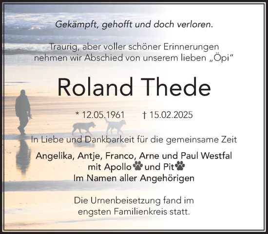 Traueranzeige von Roland Thede von Wochenend Anzeiger