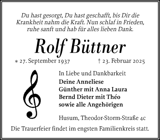 Traueranzeige von Rolf Büttner von Husumer Nachrichten, Nordfriesland Tageblatt