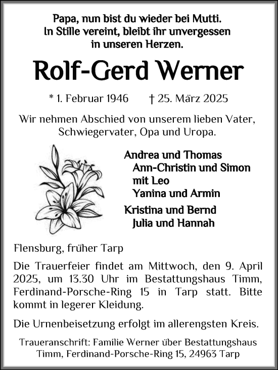 Traueranzeige von Rolf-Gerd Werner von Flensburger Tageblatt