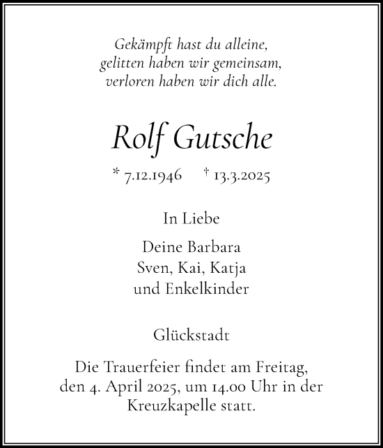 Traueranzeige von Rolf Gutsche von Norddeutsche Rundschau, Wilstersche Zeitung, Glückstädter Fortuna