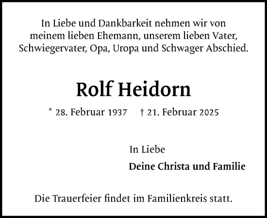 Traueranzeige von Rolf Heidorn von Region Pinneberg und tip Pinneberg