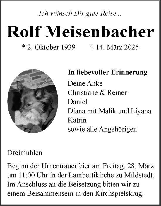 Traueranzeige von Rolf Meisenbacher von Husumer Nachrichten, Nordfriesland Tageblatt