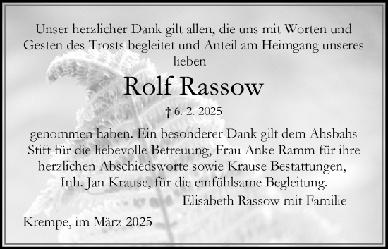 Traueranzeige von Rolf Rassow von Norddeutsche Rundschau, Wilstersche Zeitung, Glückstädter Fortuna