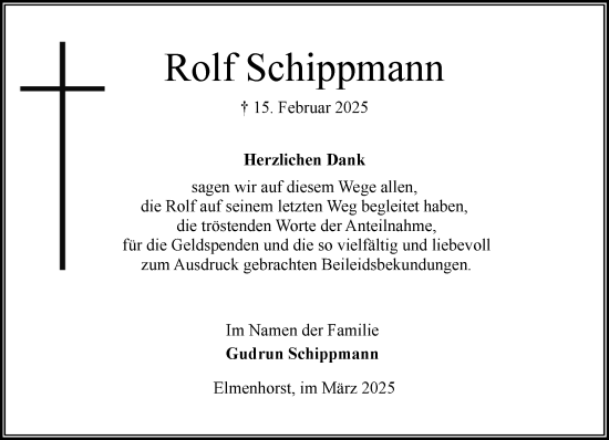 Traueranzeige von Rolf Schippmann von MARKT Ahrensburg/Bargteheide/Trittau und Stormarner Tageblatt