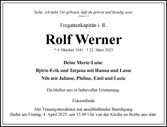 Traueranzeige von Rolf Werner von Eckernförder Zeitung, Hallo Eckernförde