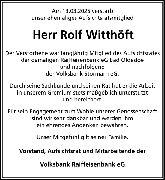 Traueranzeige von Rolf Witthöft von MARKT Bad Oldesloe/Reinfeld und Stormarner Tageblatt