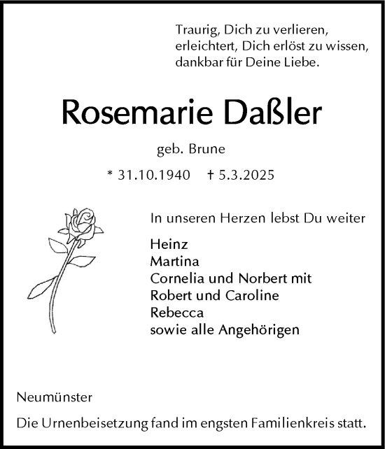 Traueranzeige von Rosemarie Daßler von Holsteinischer Courier