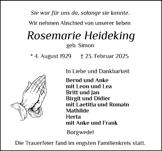 Traueranzeige von Rosemarie Heideking von Schleswiger Nachrichten, Schlei-Bote