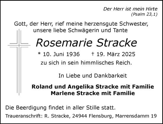 Traueranzeige von Rosemarie Stracke von Flensburger Tageblatt