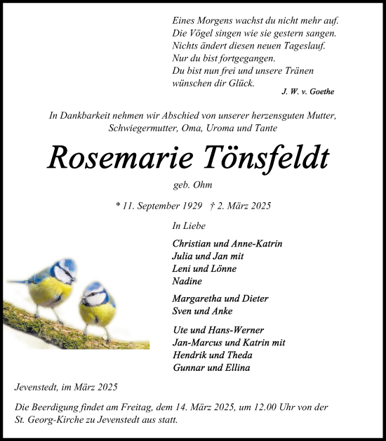 Traueranzeige von Rosemarie Tönsfeldt von Schleswig-Holsteinische Landeszeitung