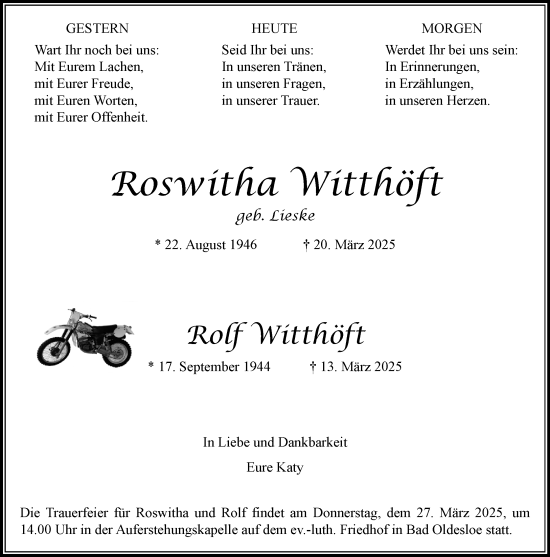 Traueranzeige von Roswitha Witthöft von MARKT Bad Oldesloe/Reinfeld und Stormarner Tageblatt