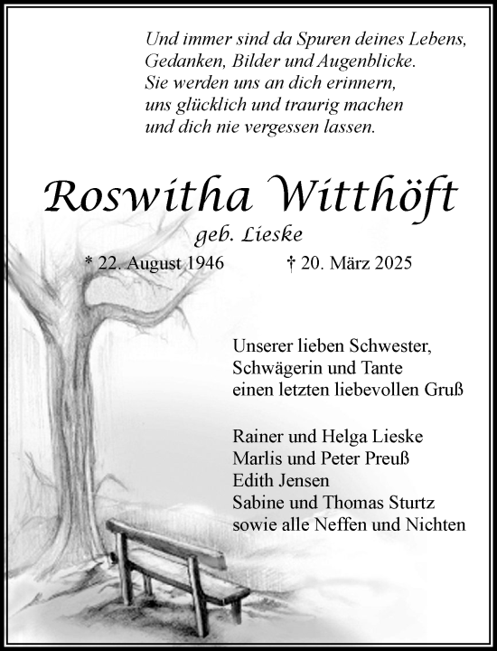 Traueranzeige von Roswitha Witthöft von MARKT Bad Oldesloe/Reinfeld und Stormarner Tageblatt