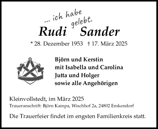 Traueranzeige von Rudi Sander von Schleswig-Holsteinische Landeszeitung