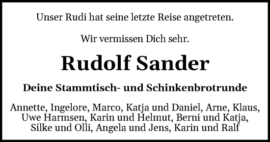 Traueranzeige von Rudolf Sander von Schleswig-Holsteinische Landeszeitung