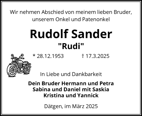 Traueranzeige von Rudolf Sander von Schleswig-Holsteinische Landeszeitung