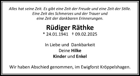 Traueranzeige von Rüdiger Räthke von Wochenend Anzeiger
