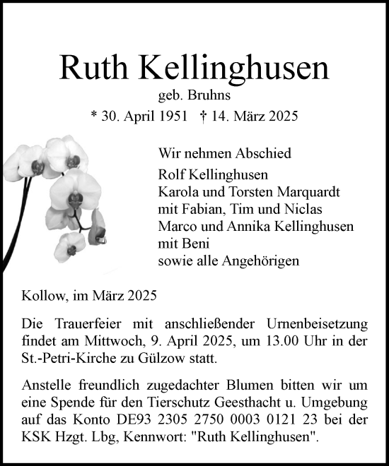 Traueranzeige von Ruth Kellinghusen von Wochenend Anzeiger