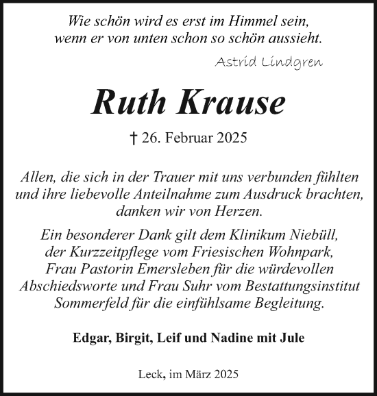 Traueranzeige von Ruth Krause von Husumer Nachrichten, Nordfriesland Tageblatt