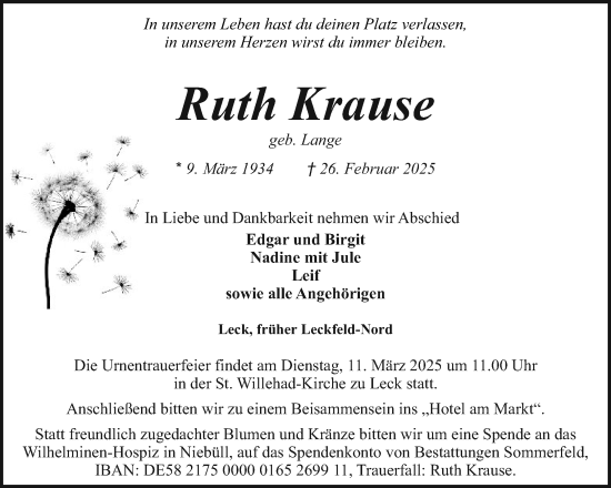 Traueranzeige von Ruth Krause von Husumer Nachrichten, Nordfriesland Tageblatt