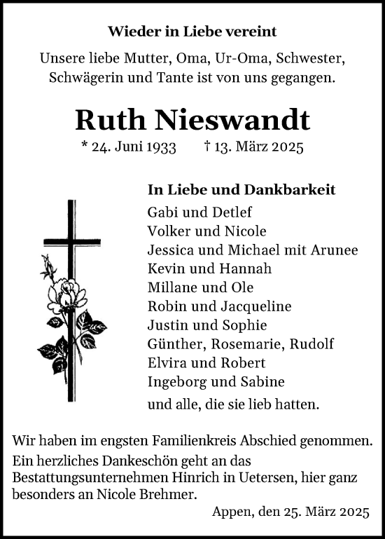 Traueranzeige von Ruth Nieswandt von Region Pinneberg und tip Pinneberg