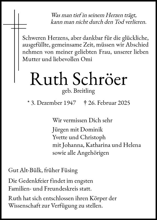 Traueranzeige von Ruth Schröer von Schleswiger Nachrichten, Schlei-Bote