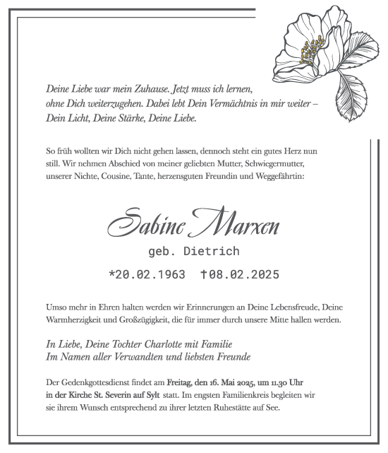 Traueranzeige von Sabine Marxen von Sylter Rundschau