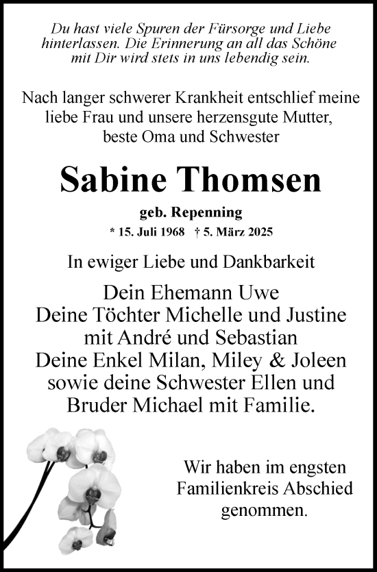 Traueranzeige von Sabine Thomsen von Uetersener Nachrichten, Der tip am Wochenende