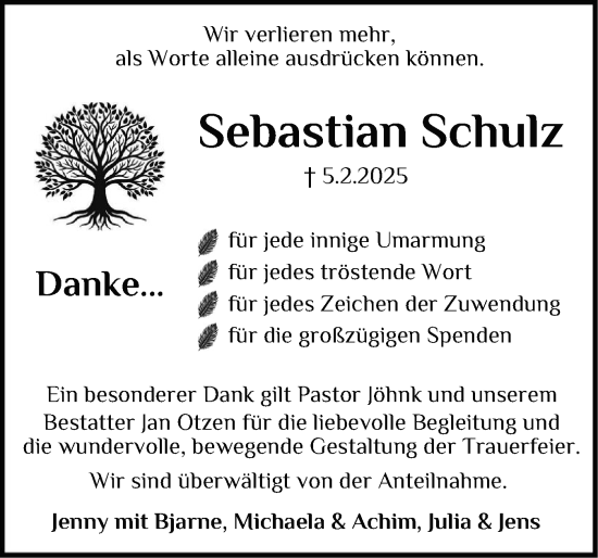 Traueranzeige von Sebastian Schulz von Flensburger Tageblatt, Schleswiger Nachrichten, Schlei-Bote