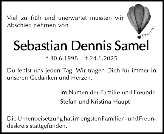 Traueranzeige von Sebastian Dennis Samel von Holsteinischer Courier