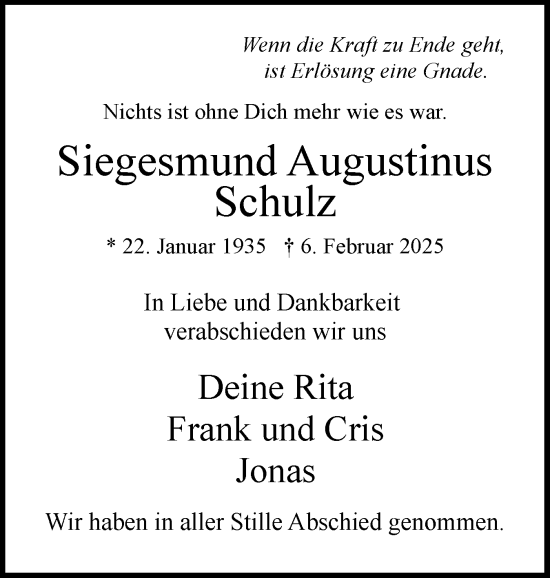 Traueranzeige von Siegesmund Augustinus Schulz von Uetersener Nachrichten, Der tip am Wochenende