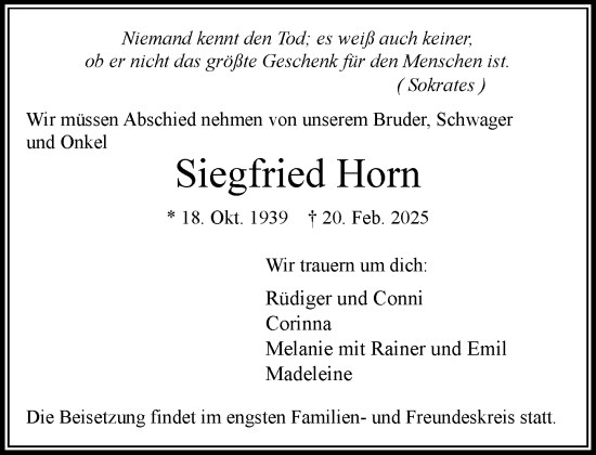 Traueranzeige von Siegfried Horn von MARKT Bad Oldesloe/Reinfeld und Stormarner Tageblatt