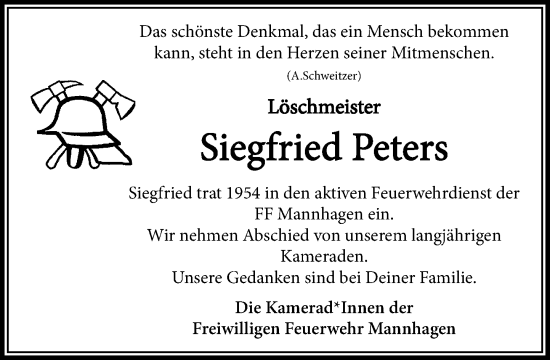 Traueranzeige von Siegfried Peters von MARKT Ratzeburg/Mölln