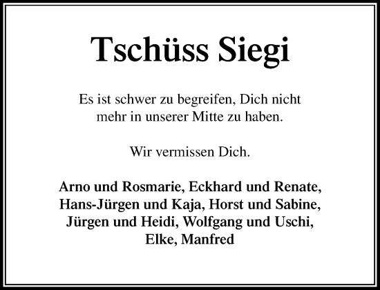 Traueranzeige von Siegi  von MARKT Bad Oldesloe/Reinfeld und Stormarner Tageblatt