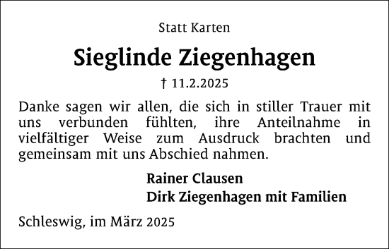 Traueranzeige von Sieglinde Ziegenhagen von Schleswiger Nachrichten, Schlei-Bote