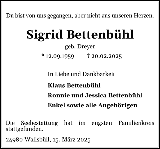 Traueranzeige von Sigrid Bettenbühl von Flensburger Tageblatt